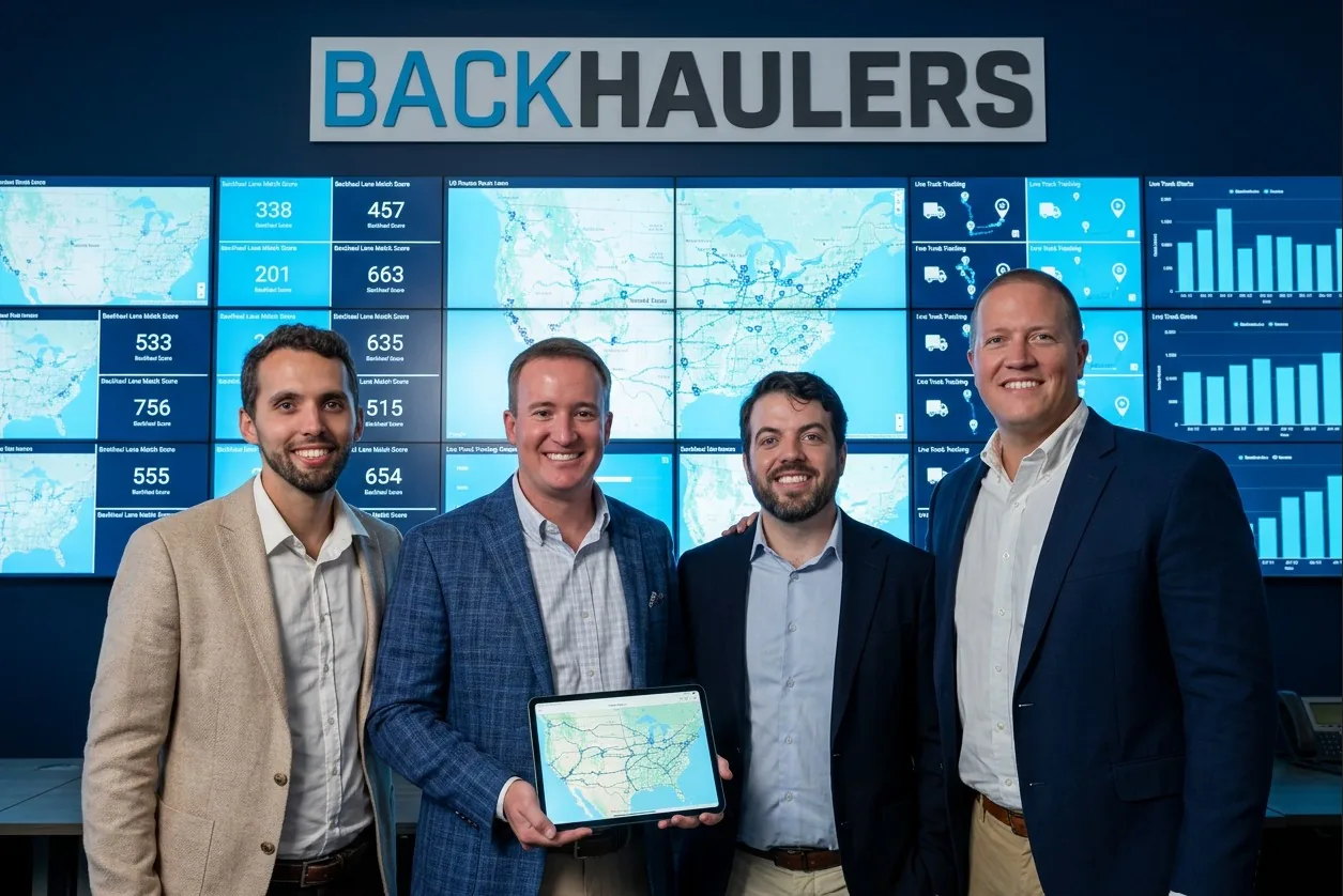 The Backhaulers team in front of the live tracking wall at the Baltimore operations center